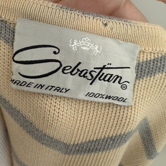 Vintage SEBASTIAN ITALY Gray Cream Chevron Wool Lady Jacket Blazer Sz 10 2 4 - Picture 3 of 9